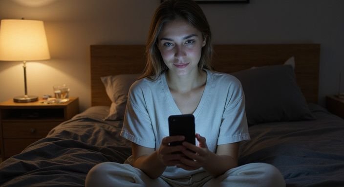 Eine Frau sitzt auf dem Bett und schaut konzentriert auf ihr Handy.