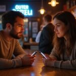 Sexdates in meiner Region finden: Die besten Tipps und Plattformen Zwei Erwachsene in einer Bar, entspannt und ungestellt, nutzen eine Dating App