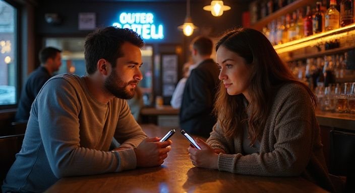 Zwei Personen auf einem Sofa, eine besorgt, die andere mit Smartphone. Zwei Erwachsene in einer Bar, entspannt und ungestellt, nutzen eine Dating App für Sexdates in meiner Region.