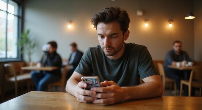 Eine Person konzentriert sich auf eine Dating-App in einem Café. Eine Person konzentriert sich auf eine Dating-App für Sexdates in meiner Region in einem Café.