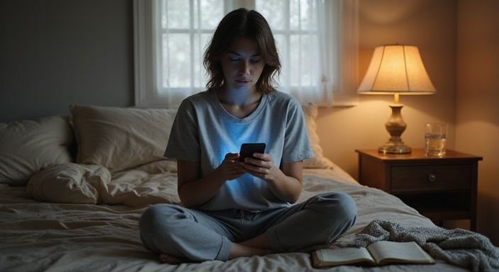 Eine Frau sitzt nachdenklich im ungemachten Bett und scrollt auf ihrem Smartphone. Eine Frau sitzt nachdenklich im ungemachten Bett und scrollt auf ihrem Smartphone.