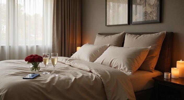 Elegantes Schlafzimmer mit luxuriöser Bettwäsche und frischen Rosen. Elegantes Schlafzimmer mit luxuriöser Bettwäsche und frischen Rosen.