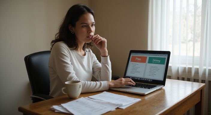 Eine Frau überlegt intensiv einen Service-Upgrade an ihrem Laptop. Eine Frau überlegt intensiv einen Service-Upgrade an ihrem Laptop.