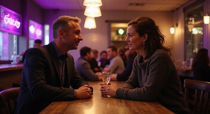 Ein mittelalter Mann und eine Frau unterhalten sich an einem Tisch. Ein mittelalter Mann und eine Frau unterhalten sich an einem Tisch.