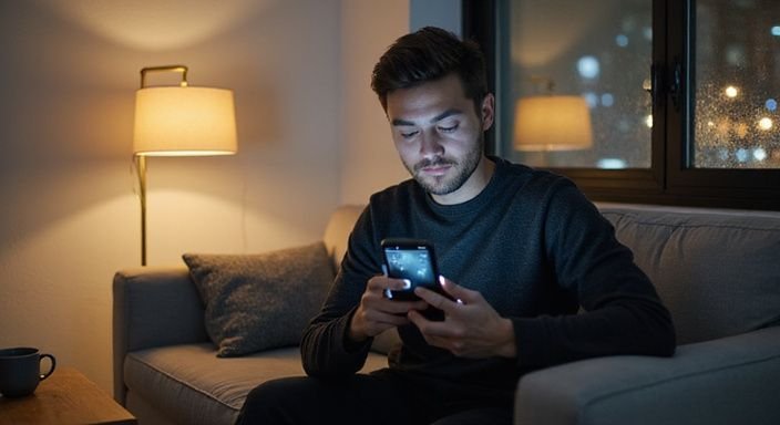 Ein Mann in einem modernen Raum nutzt eine Dating-App. Ein Mann in einem modernen Raum nutzt eine Dating-App.