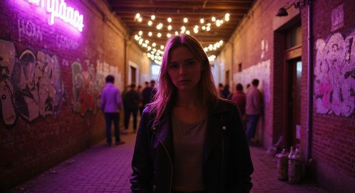 Eine junge Frau in einer abgelegenen Techno Location in Berlin