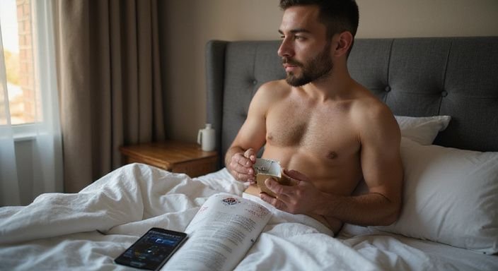 Ein junger Mann denkt nach über Sexualgesundheit und Verantwortung. Ein junger Mann denkt nach über Sexualgesundheit und Verantwortung.