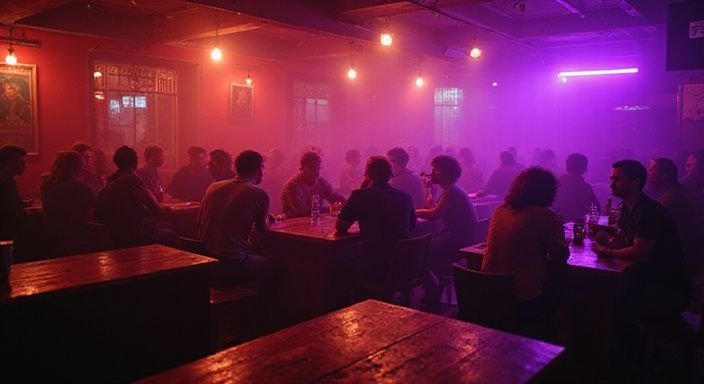 Authentisches Nachtclubinterieur mit geselligen Gästen und rauchiger Atmosphäre. Authentisches Nachtclubinterieur mit geselligen Gästen und rauchiger Atmosphäre.
