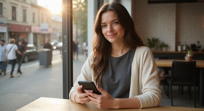 Eine Frau in einem Kaffeehaus lächelt entspannt mit ihrem Smartphone