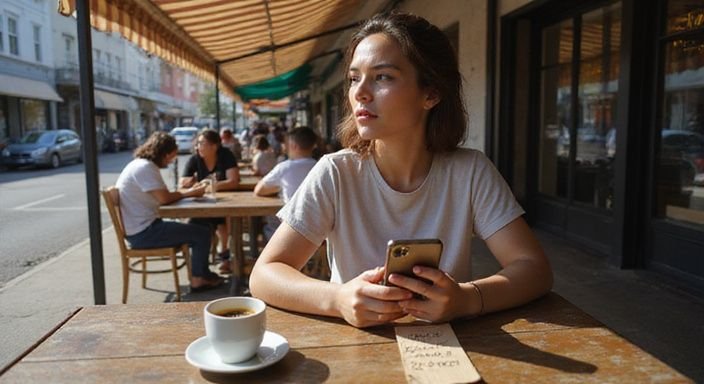 Eine konzentrierte junge Frau betrachtet besorgt ihr Smartphone im Café