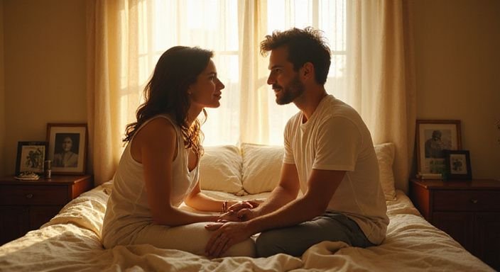 Ein Paar sitzt auf einem ungemachten Bett und lächelt sich an. Ein Paar sitzt auf einem ungemachten Bett und lächelt sich an.