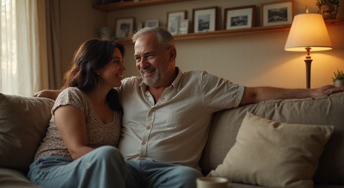 Ein Paar sitzt gemütlich auf einer abgenutzten Couch und genießt den Moment. Ein Paar sitzt gemütlich auf einer abgenutzten Couch und genießt den Moment.