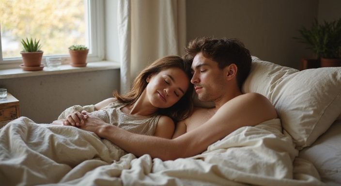 Ein Paar entspannt zusammen im Bett am Morgen. Ein Paar entspannt zusammen im Bett am Morgen.