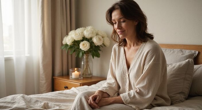 Eine entspannte Frau sitzt auf dem Bett und lächelt sanft. Eine entspannte Frau sitzt auf dem Bett und lächelt sanft.