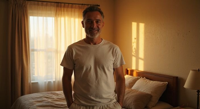 Ein lächelnder Mann steht entspannt in einem Schlafzimmer. Ein lächelnder Mann steht entspannt in einem Schlafzimmer.